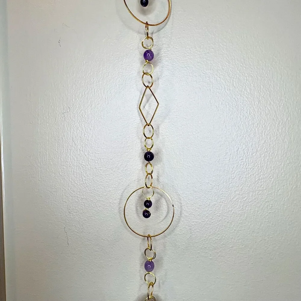 Raw Amethyst and Amethyst Bead Gemstone Wall Hanging Gold Filigree